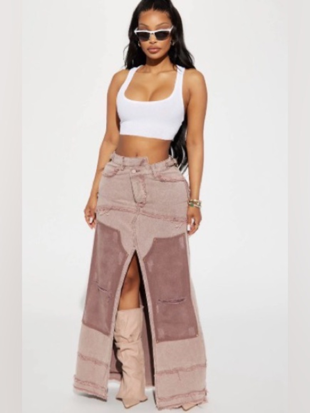 Fashion Nova Two-Tone Patchwork Maxi Skirt with Front Slit - Brown